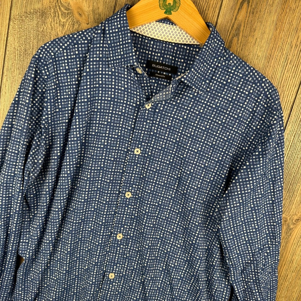 Bugatchi Mens Shaped Fit Long Sleeve Button Down Shirt Blue White Geometric M
